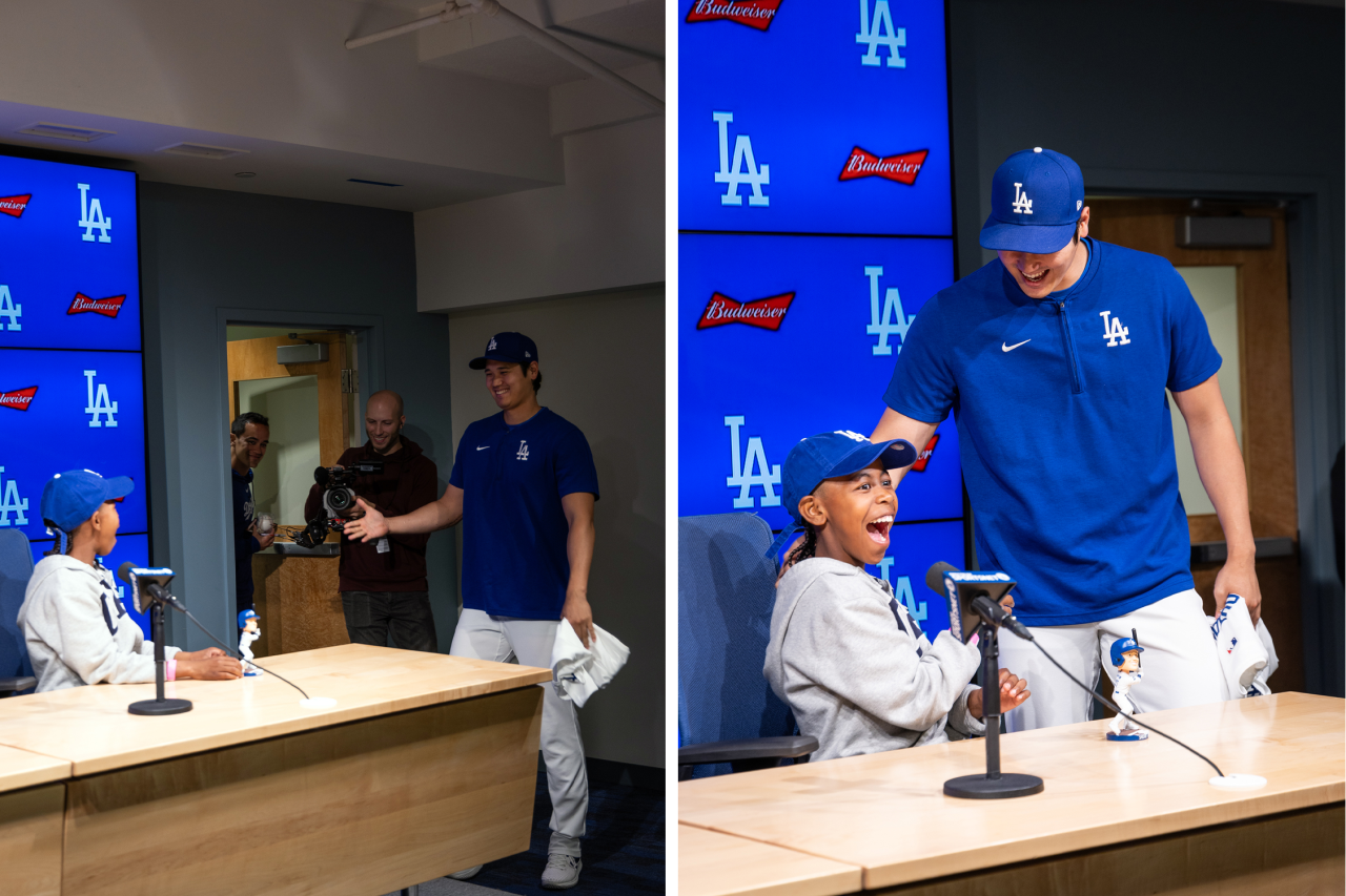 UCLA Health pediatric cardiology patient Albert Lee, invited to Dodger Stadium by player Shohei Ohtani, sitting at the media conference stage.