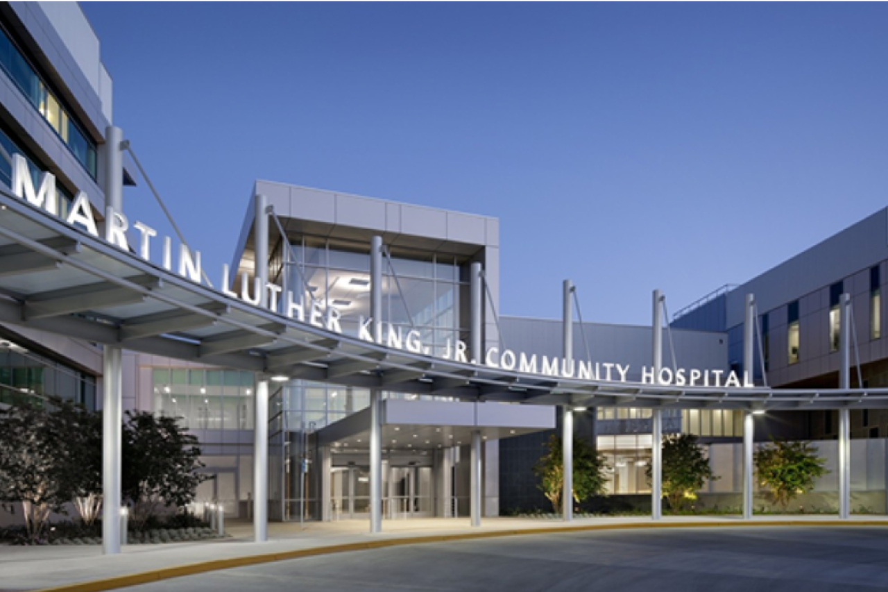 Martin Luther King Jr. Community Hospital entrance with canopy and sign