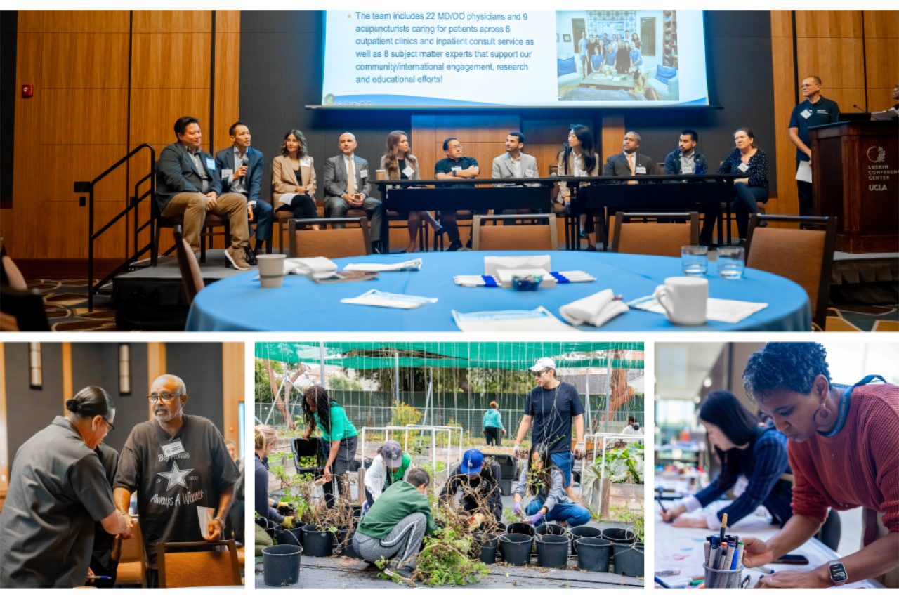 Panel discussion with attendees and three scenes of community workshops: gardening and repairs