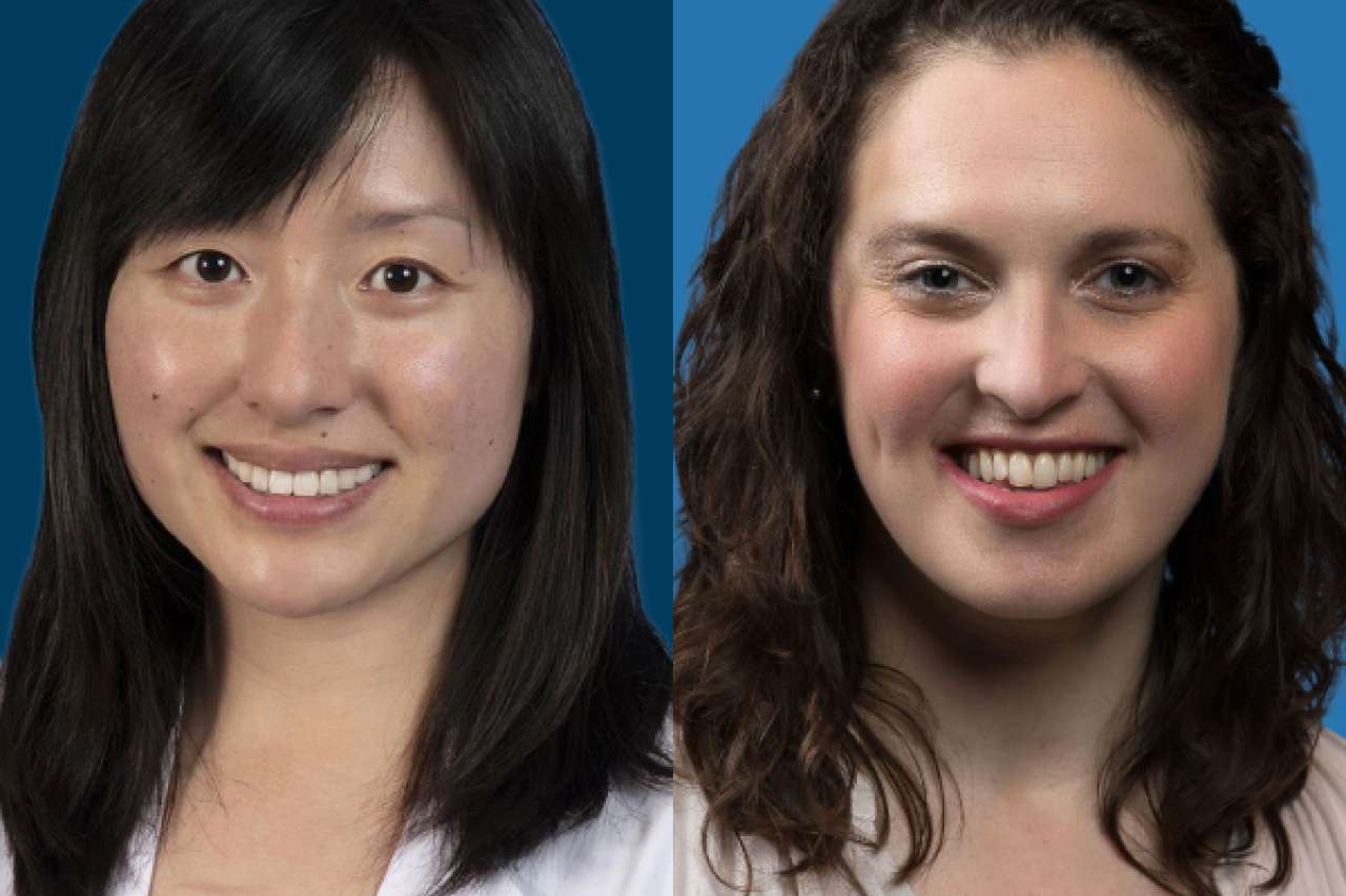 Two women in professional attire, one in a lab coat, against blue backgrounds.