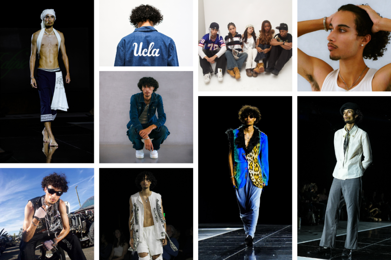 Collage of nine photos showcasing Amadu in a variety of fashion and lifestyle settings. Images include runway looks featuring avant-garde and editorial outfits, a denim UCLA jacket worn from behind, a casual crouching pose in all-denim, an outdoor festival look with sunglasses and layered jewelry, a group shot with four other young people in streetwear, a relaxed portrait in a white tank top, and two additional runway appearances in a colorful leopard-print ensemble and a white shirt with grey trousers.
