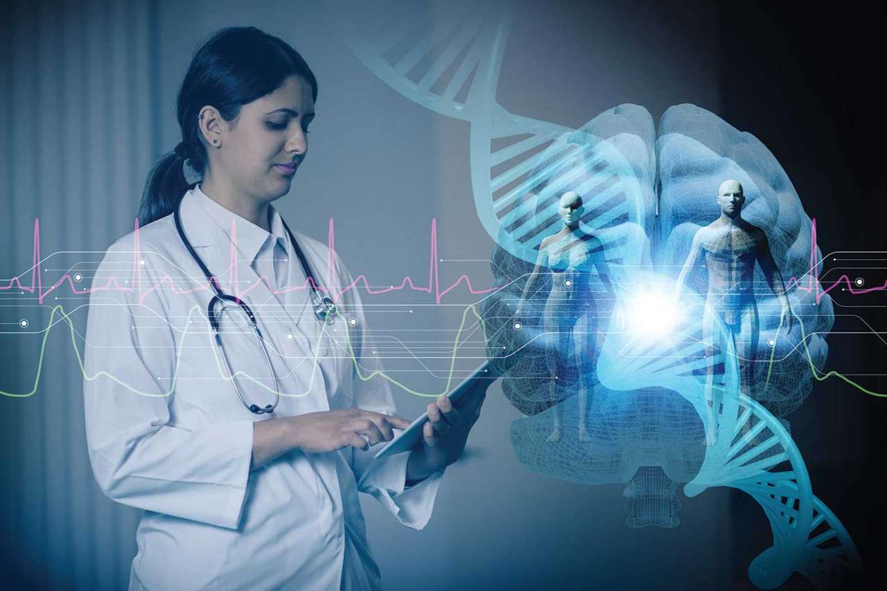 Collage of doctor utilizing various kinds of technology