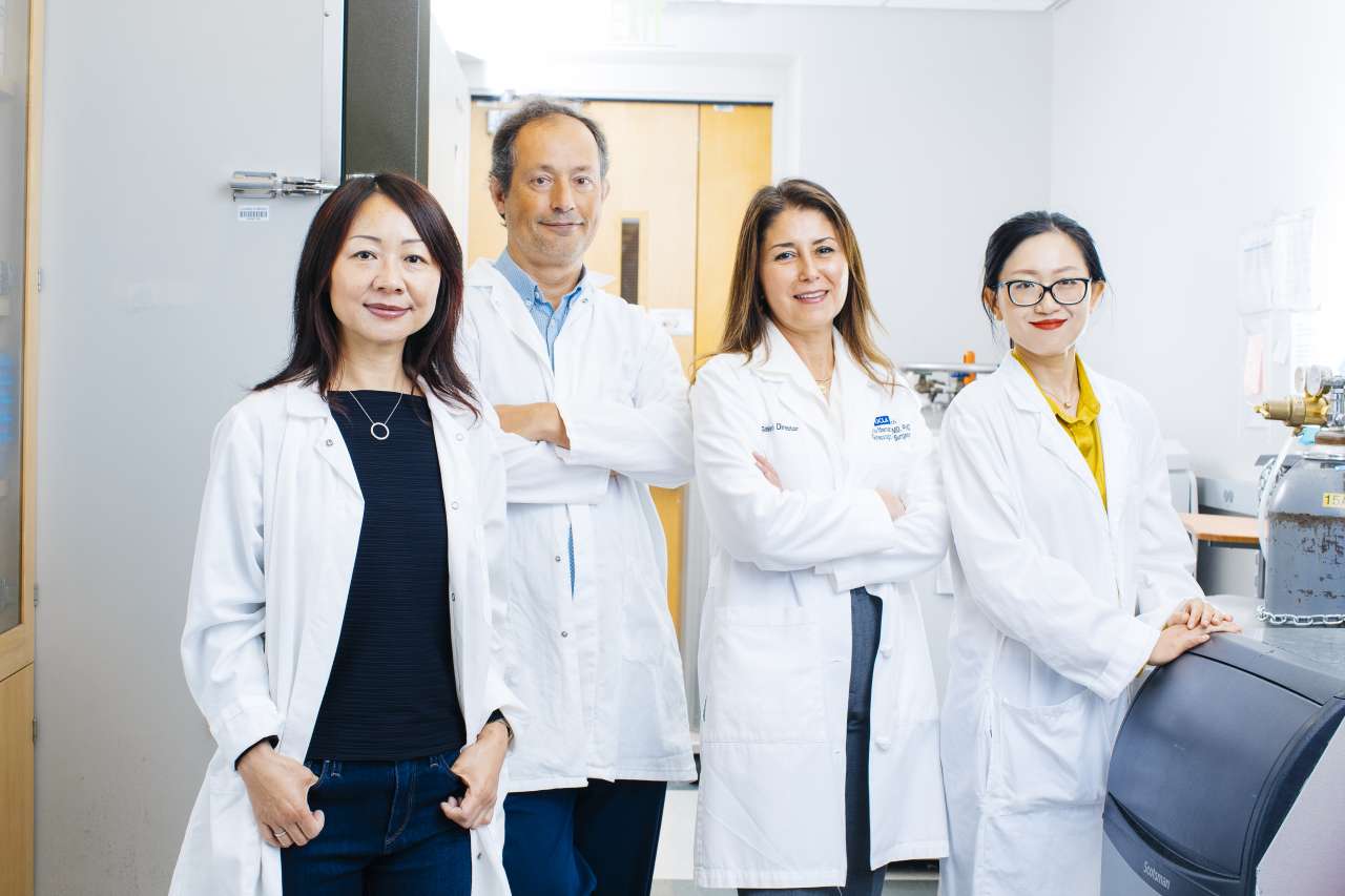 Dr. Lili Yang, Dr. Matteo Pellegrini, Dr. Sanaz Memarzadeh and Dr. Jin Zhou pose side by side in a UCLA lab.