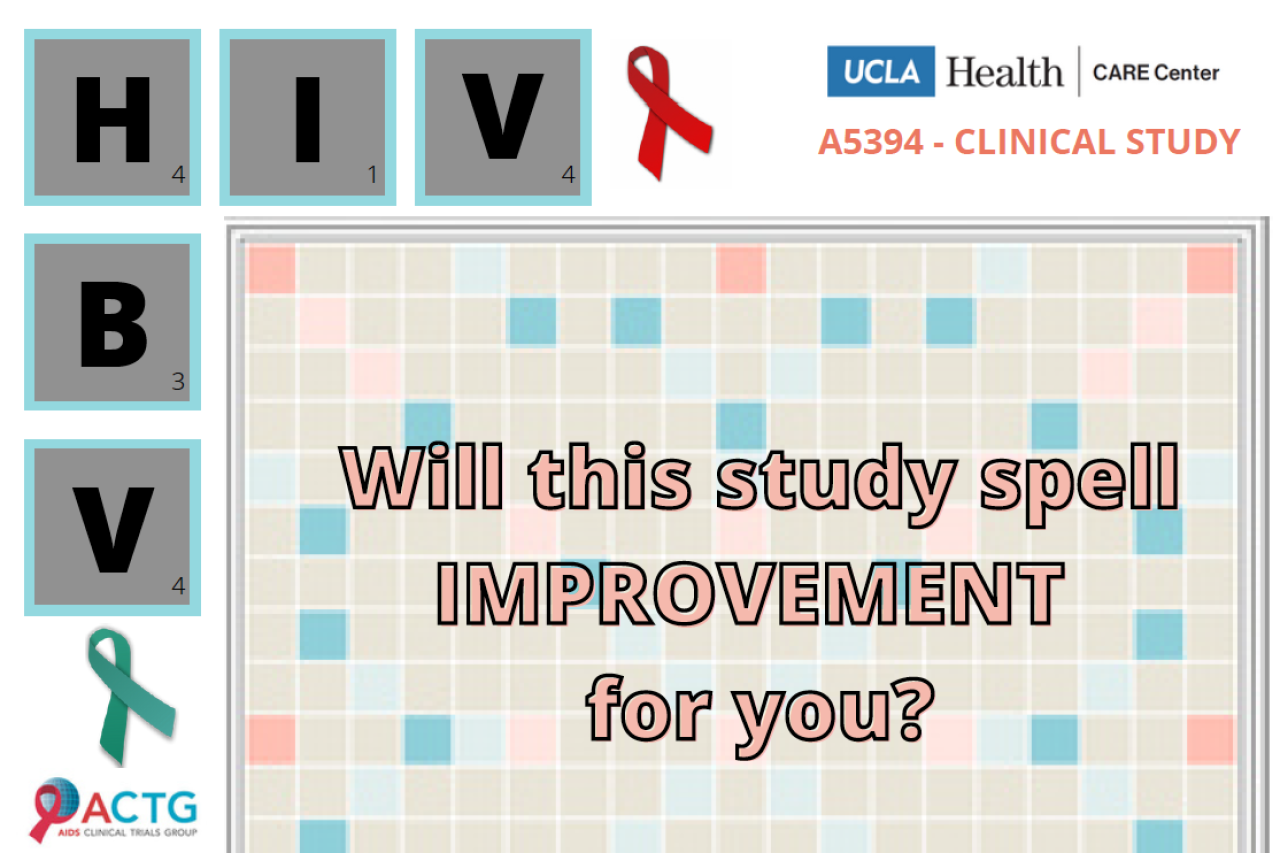 An flyer for a research study called A5394. The following text is flaoting infront of a Scrabble Board, "Will this study spell improvement for you?"