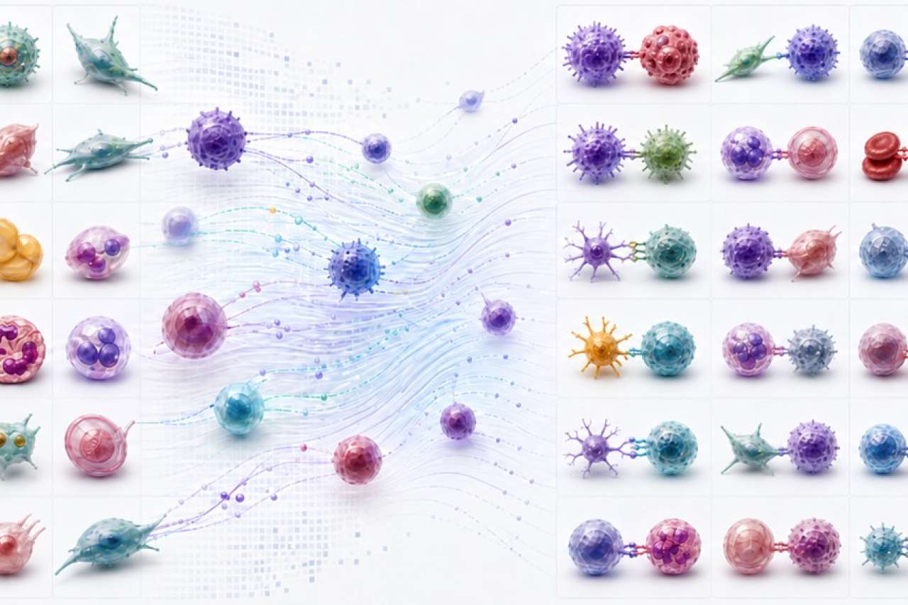 Abstract illustration of colorful cells arranged in grids with flowing lines, representing cell interactions and spatial multiomics analysis.