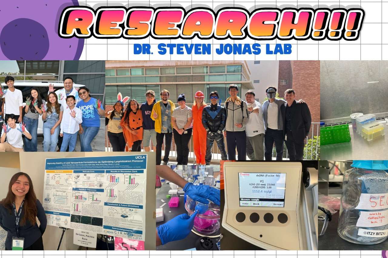 Slide titled "RESEARCH!!! Dr. Steven Jonas Lab" with a photo collage showing lab members at a group event, in Halloween costumes, doing pipetting and lab work, standing beside a research poster on lipid nanoparticle formulations, and posing with lab equipment.