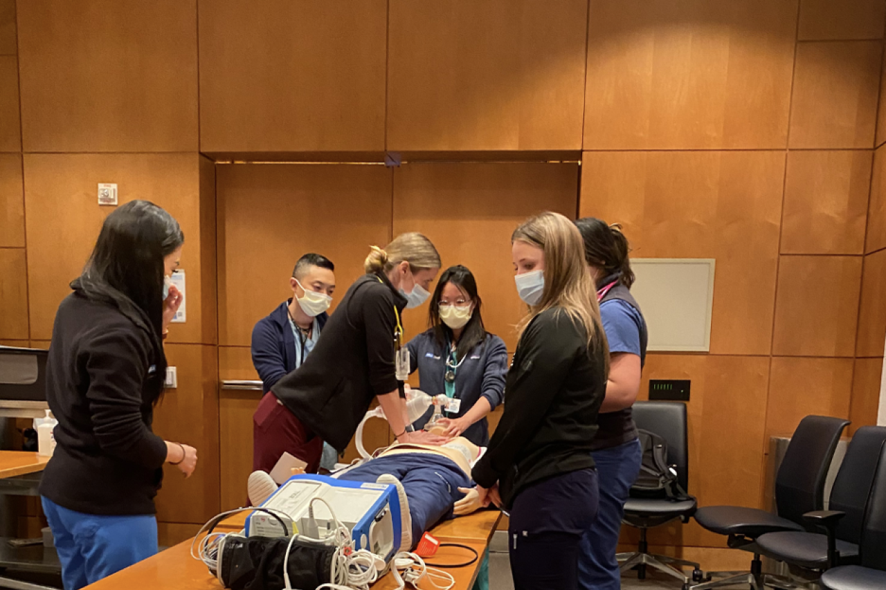 patient simulation in a conference room with a doctor practicing chest compression