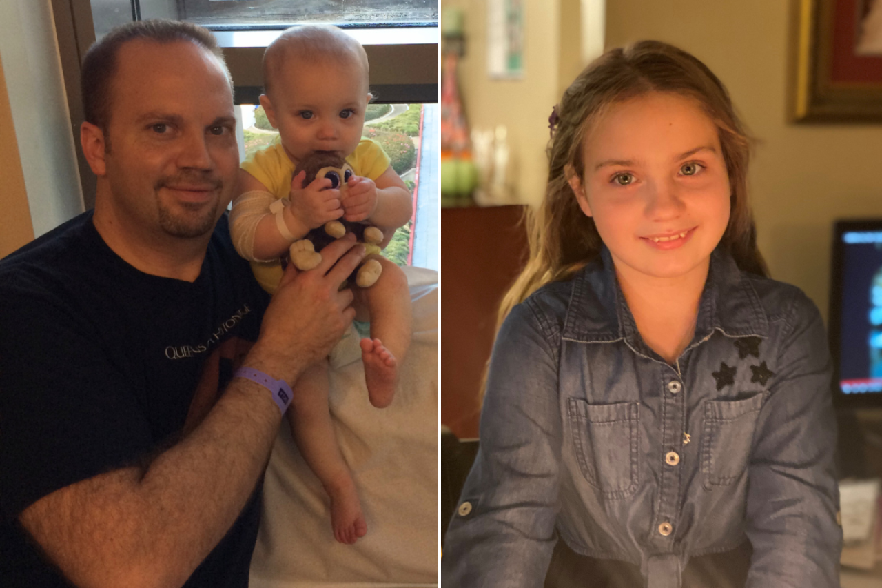 side by side collage; on the left, is ADA-SCID patient Eliana Nachem as a 10-month-old with her dad in the hospital; on the right is a recent photo of Eliana at home