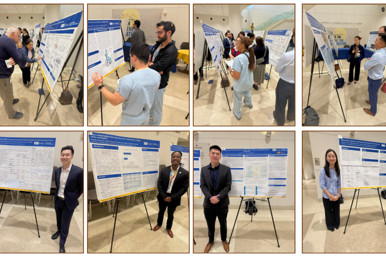 Researchers standing by research posters at a conference poster session