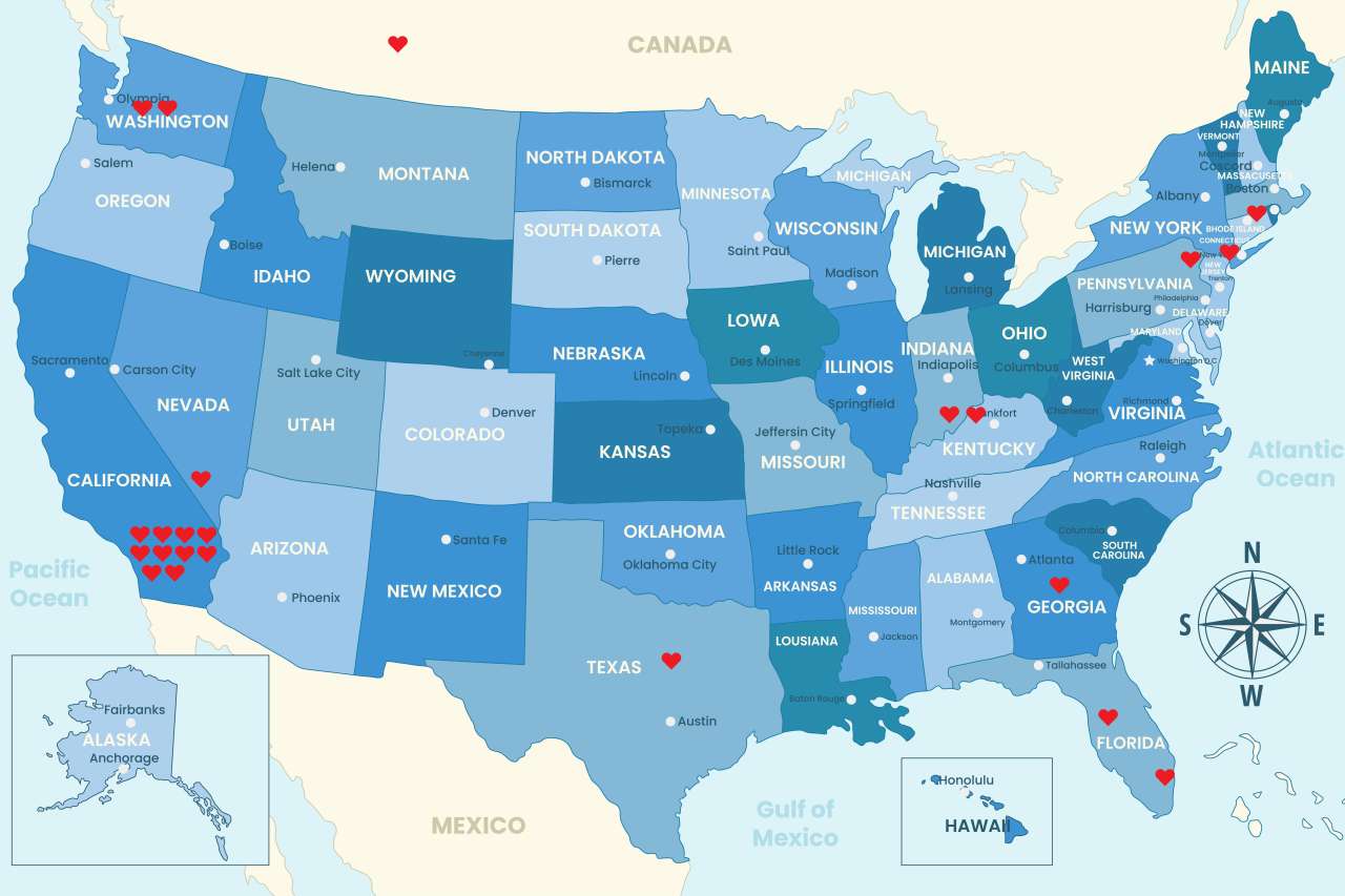 Map of the United States with states shaded blue and red dots marking locations