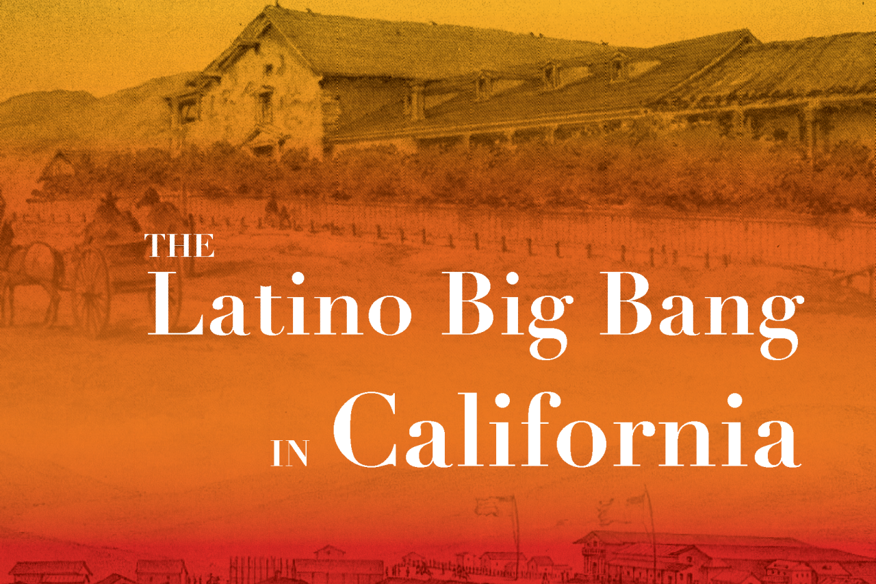 A book cover with the title "The Latino Big Bang in California" prominently displayed in white text over an orange and yellow gradient background. Above the title is a sepia-toned illustration of historical buildings and figures. 