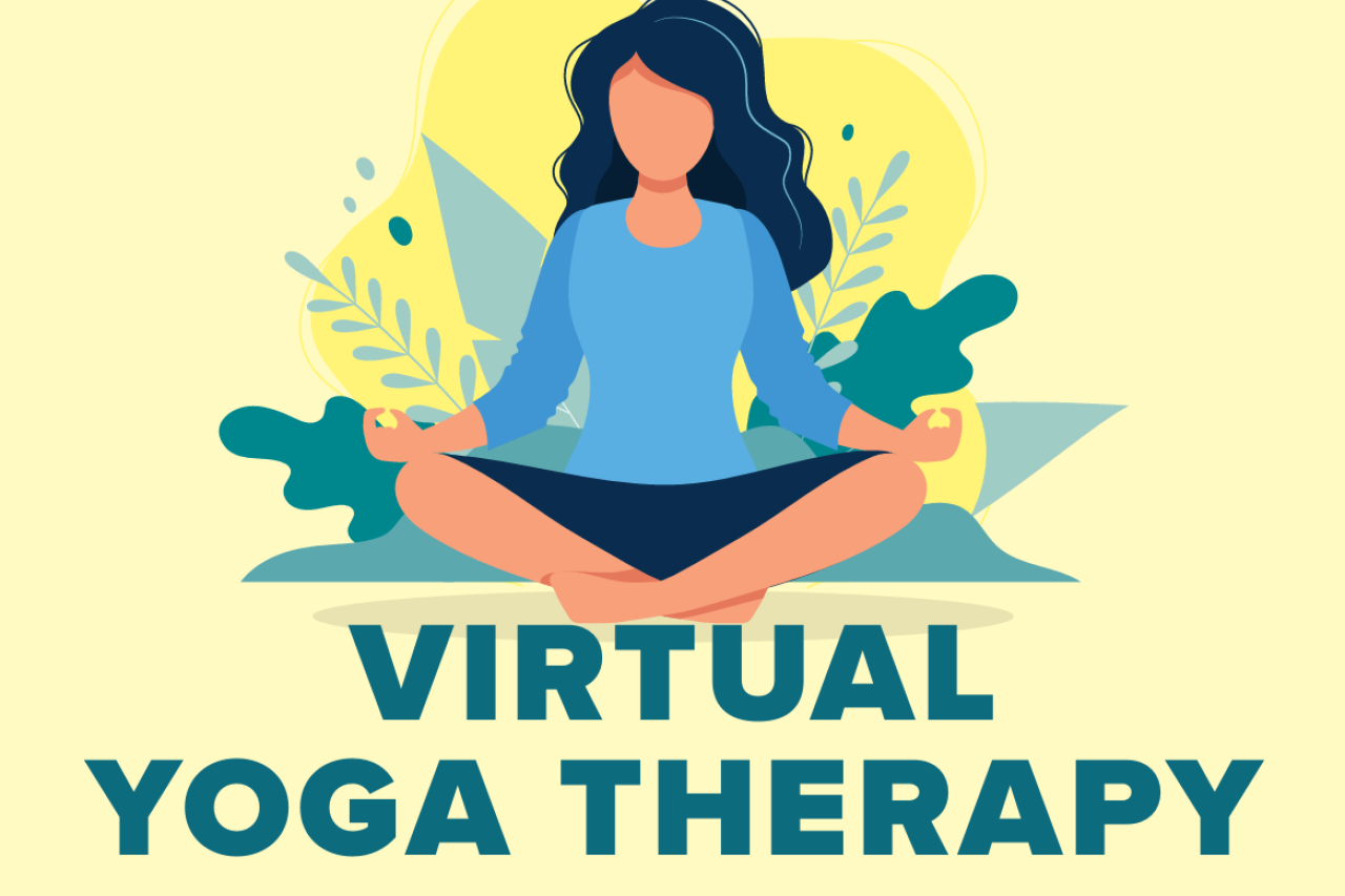 UCLA Health Virtual Yoga Therapy graphic: person sitting cross-legged meditating