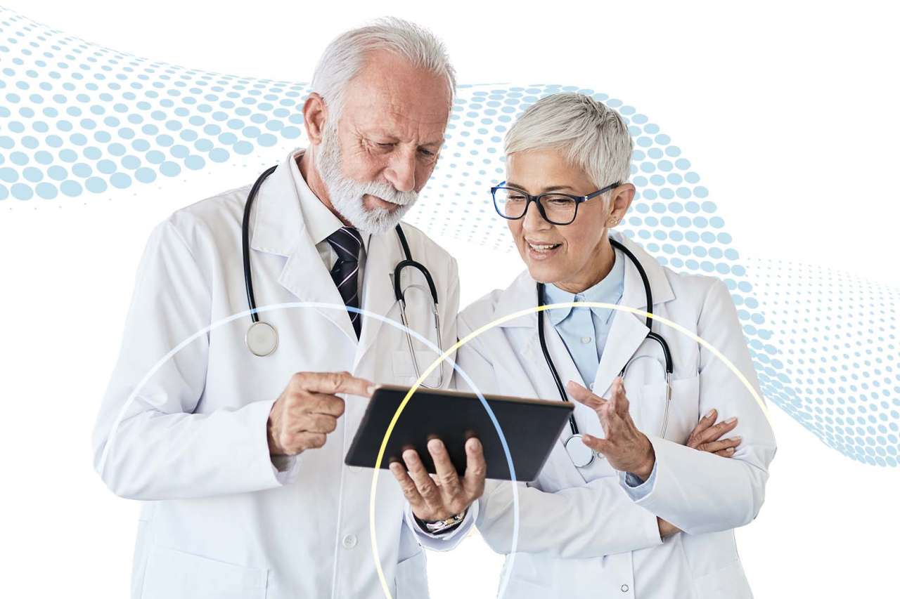 Doctors looking at tablet with soft wave graphic on background.