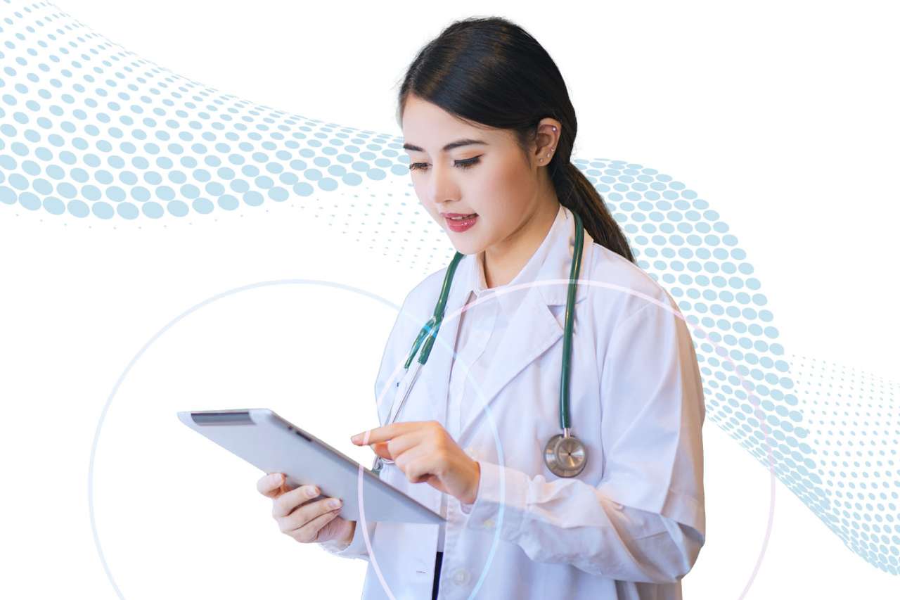 A doctor using a tablet with wave graphic on background.