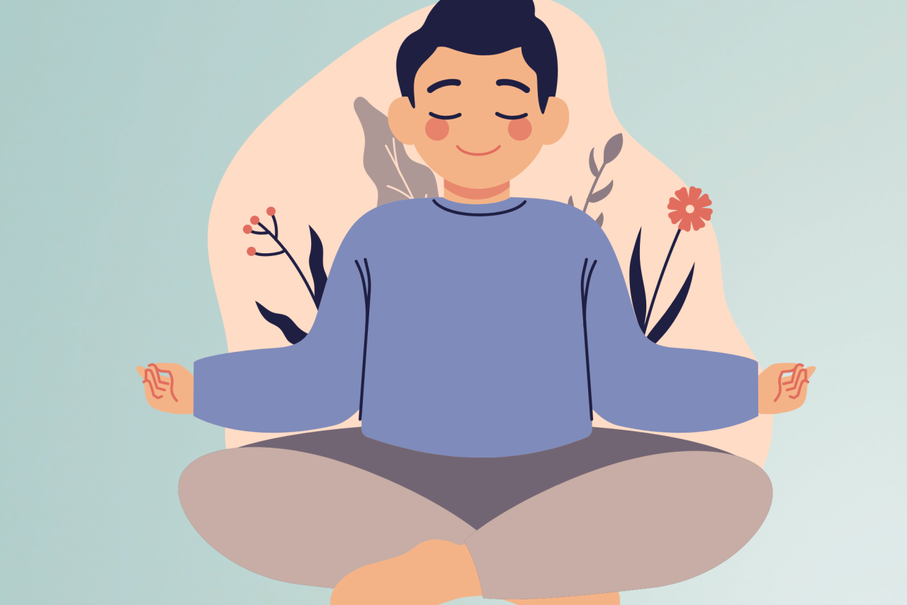 Person meditating cross-legged with serene expression and floral background
