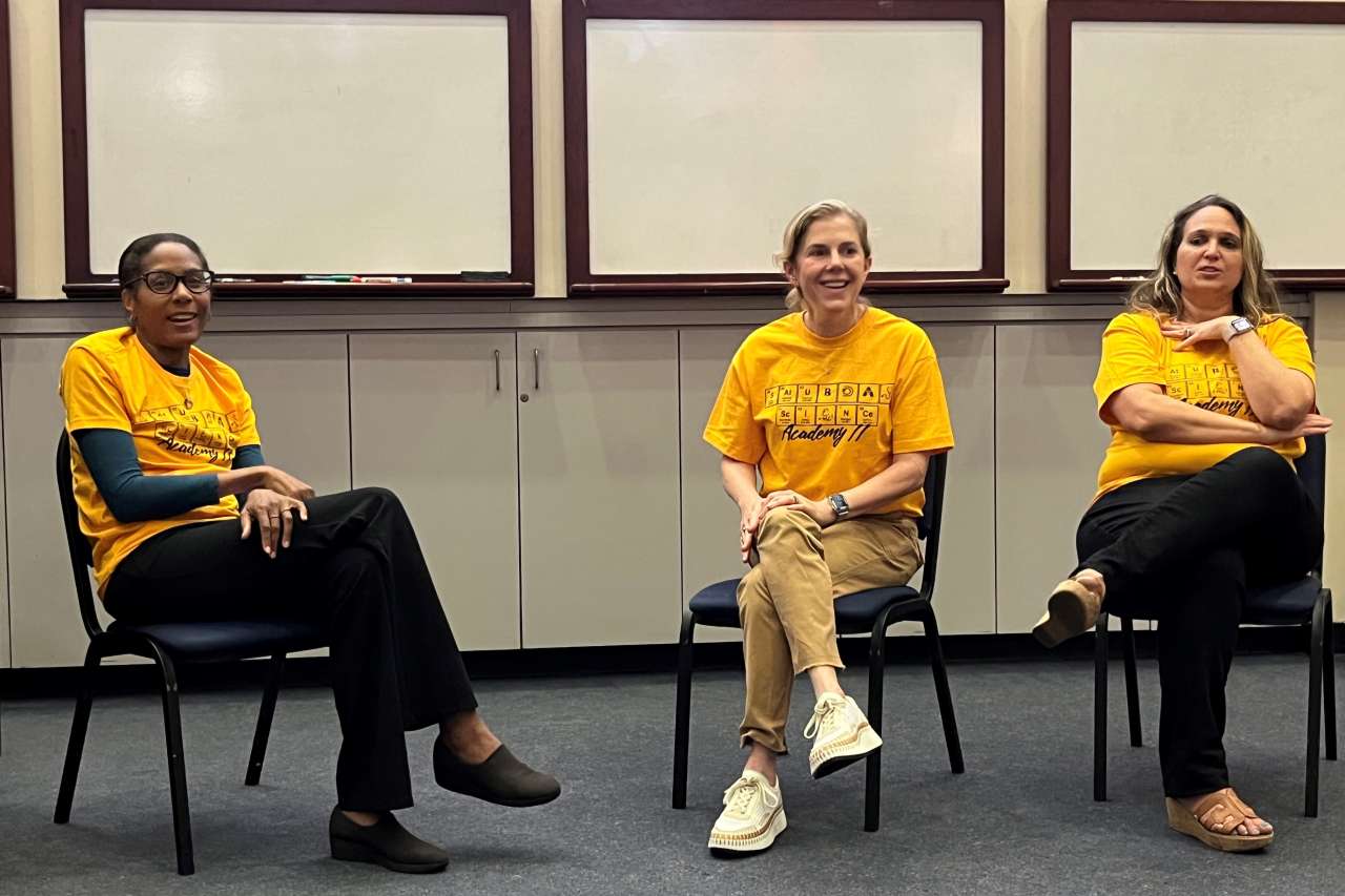 Dr. Karol Watson, Dr. Tamara Horwich and Dr. Marcella Press, all cardiologists with UCLA Health, speak with middle-school students as part of an educational outreach event. (Photo by Sandy Cohen)