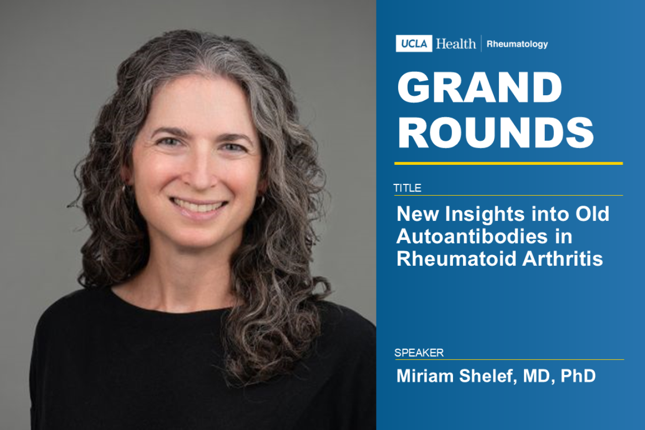 Professional headshot of Miriam Shelef, MD, PhD with event details.