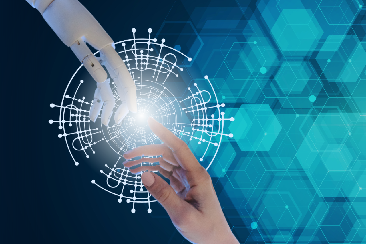 Robot and human hand touching with geometric shapes in the background.