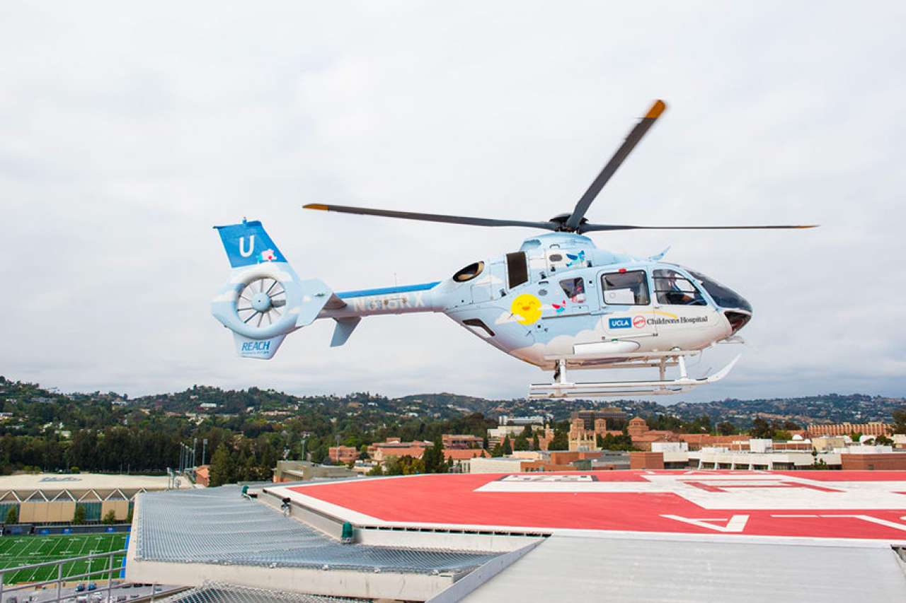 UCLA Mattel Helicopter landing on helipad