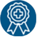 An icon of a dark blue circle with an outlined illustration of a ribbon
