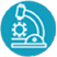 a blue circular icon of an illustration of a microscope