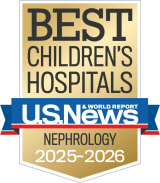 Gold and blue badge for "BEST CHILDREN'S HOSPITALS" from U.S. News & World Report. It highlights "NEPHROLOGY" for 2025–2026.