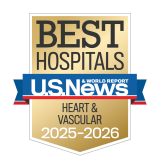 Gold badge with "Best Hospitals" at the top, a blue ribbon with "U.S. News & World Report," and "Heart & Vascular 2025-2026" below.