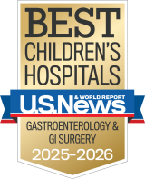 Gold and blue badge for "BEST CHILDREN'S HOSPITALS" from U.S. News & World Report. It highlights "GASTROENTEROLOGY & GI SURGERY" for 2025–2026.