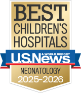 Gold and blue badge for "BEST CHILDREN'S HOSPITALS" from U.S. News & World Report. It highlights "NEONATOLOGY" for 2025–2026.