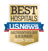 Gold badge with "Best Hospitals" at the top, a blue ribbon with "U.S. News & World Report," and "Gastroenterology & GI Surgery 2025-2026" below.