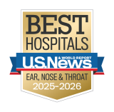 Gold badge with "Best Hospitals" at the top, a blue ribbon with "U.S. News & World Report," and "Ear, Nose & Throat 2025-2026" below.
