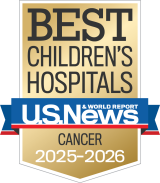 Gold and blue badge for "BEST CHILDREN'S HOSPITALS" from U.S. News & World Report. It highlights "CANCER" for 2025–2026.