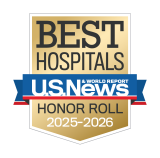 Gold badge with "Best Hospitals" at the top, a blue ribbon with "U.S. News & World Report," and "Honor Roll 2025-2026" below.