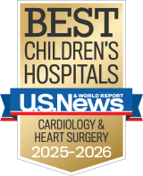 Gold and blue badge for "BEST CHILDREN'S HOSPITALS" from U.S. News & World Report. It highlights "CARDIOLOGY & HEART SURGERY" for 2025–2026.