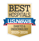 Gold badge with "Best Hospitals" at the top, a blue ribbon with "U.S. News & World Report," and "Diabetes & Endocrinology 2025-2026" below.