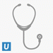 Stethoscope graphic on a white background with a blue "U" logo.