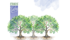 Three stylized trees with green leaves and visible roots, alongside the text "ETHICS of Caring."