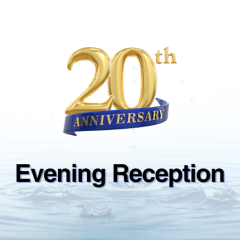 Gold '20th Anniversary' emblem above 'Evening Reception' text over rippled water