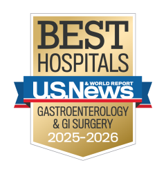 Gold badge with "Best Hospitals" at the top, a blue ribbon with "U.S. News & World Report," and "Gastroenterology & GI Surgery 2025-2026" below.