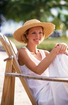 Woman wearing large wicker hat sitting on the beach
