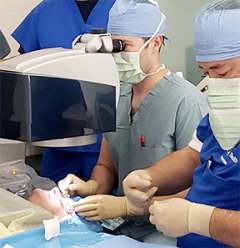 Dr. Bert performing a PRK surface ablation procedure with ophthalmic technician's assistance.