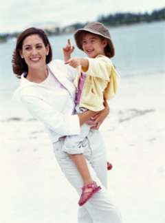 woman and child on beach