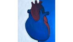 Colorful painting of a heart against a blue background.