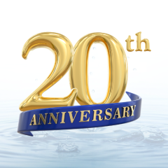 Gold 20th numerals with blue ribbon reading ANNIVERSARY above rippling water