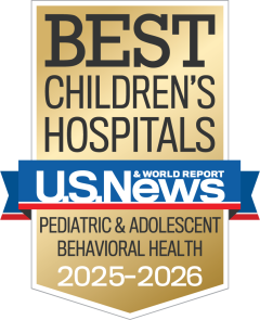 Gold and blue badge for "BEST CHILDREN'S HOSPITALS" from U.S. News & World Report. It highlights "BEHAVIORAL HEALTH" for 2025–2026.