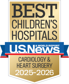 Gold and blue badge for "BEST CHILDREN'S HOSPITALS" from U.S. News & World Report. It highlights "CARDIOLOGY & HEART SURGERY" for 2025–2026.