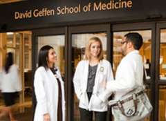 Residents in front of the David Geffen School of Medicine entrance