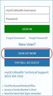 myUCLAhealth new user prompt with SIGN UP NOW button