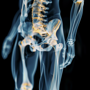 Translucent body, showing the bone structure, focusing on pelvic region.