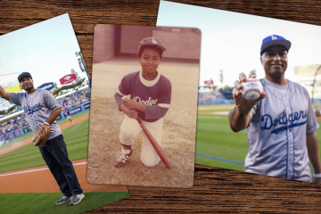 Three side-by-side collage of a man in Dodgers gear: on the left, standing on a baseball field raising a ball; in the center, a childhood photo kneeling with a bat; and on the right, holding a baseball out toward the camera.